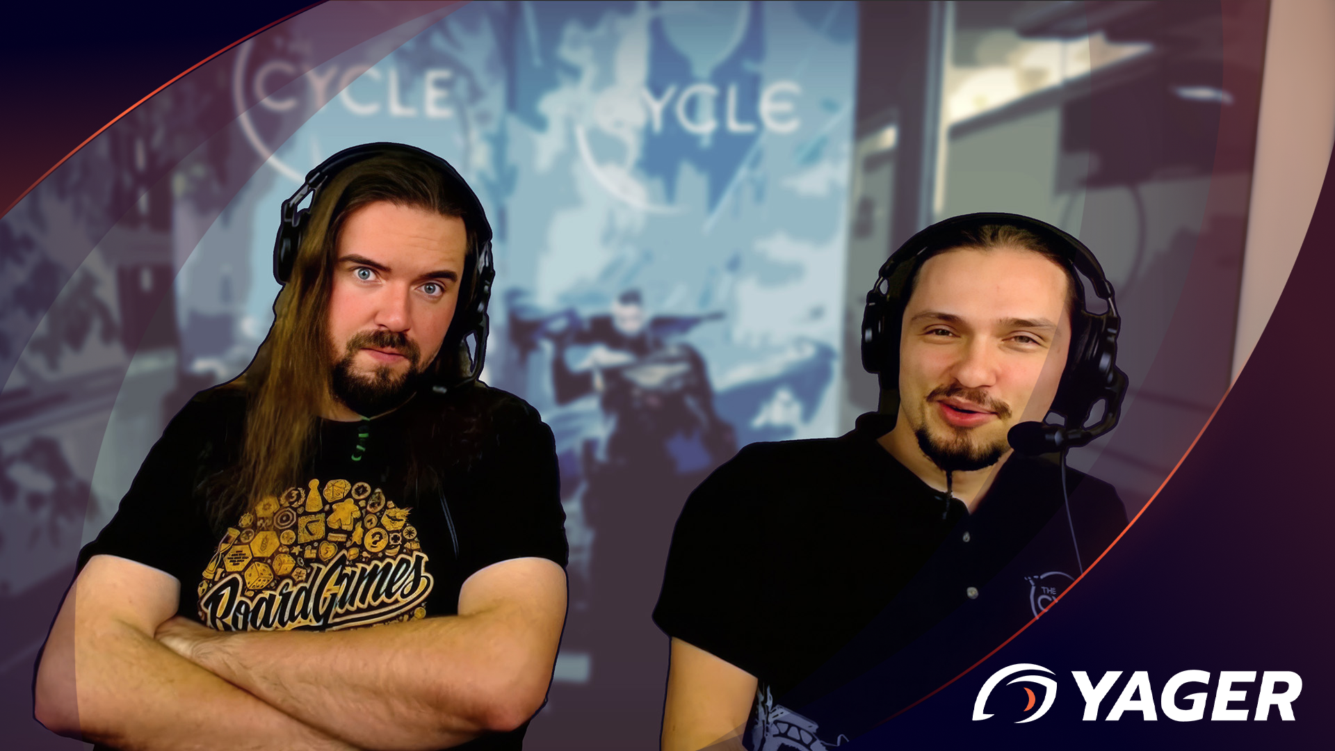 2 long haired guys sitting in front of a The Cycle game rollup