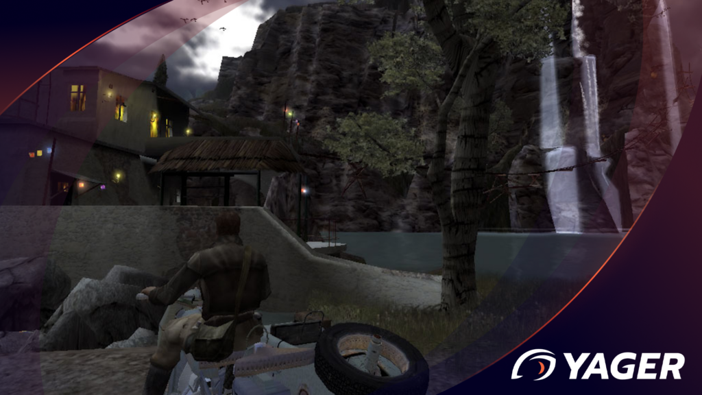 Main character of the game on a motorcycle in front of a waterfall